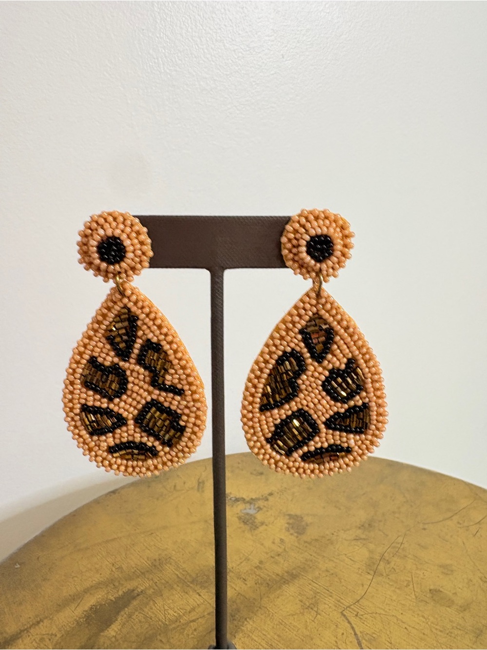 Beaded Leopard Print Teardrop Earrings in Peach and Black